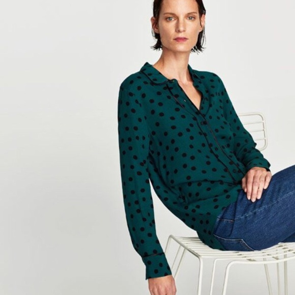 Zara Polka Dot Green Shirt with Black Piping